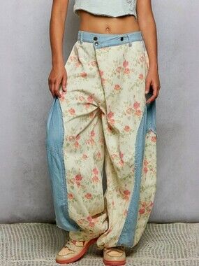 POL Floral Patchwork Wide-Leg Pants in Cream & Light Blue